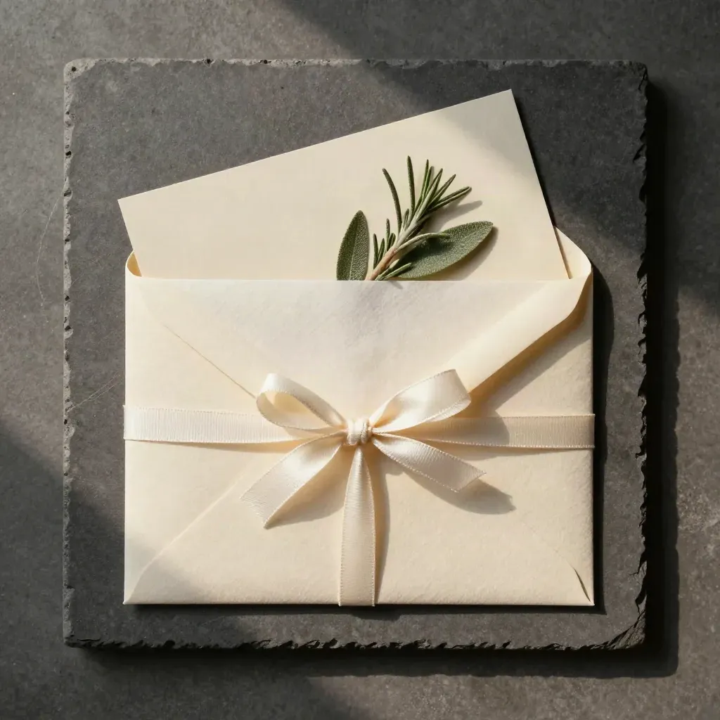 Overhead gift voucher flat lay with ribbon, tissue, card and rosemary sprig