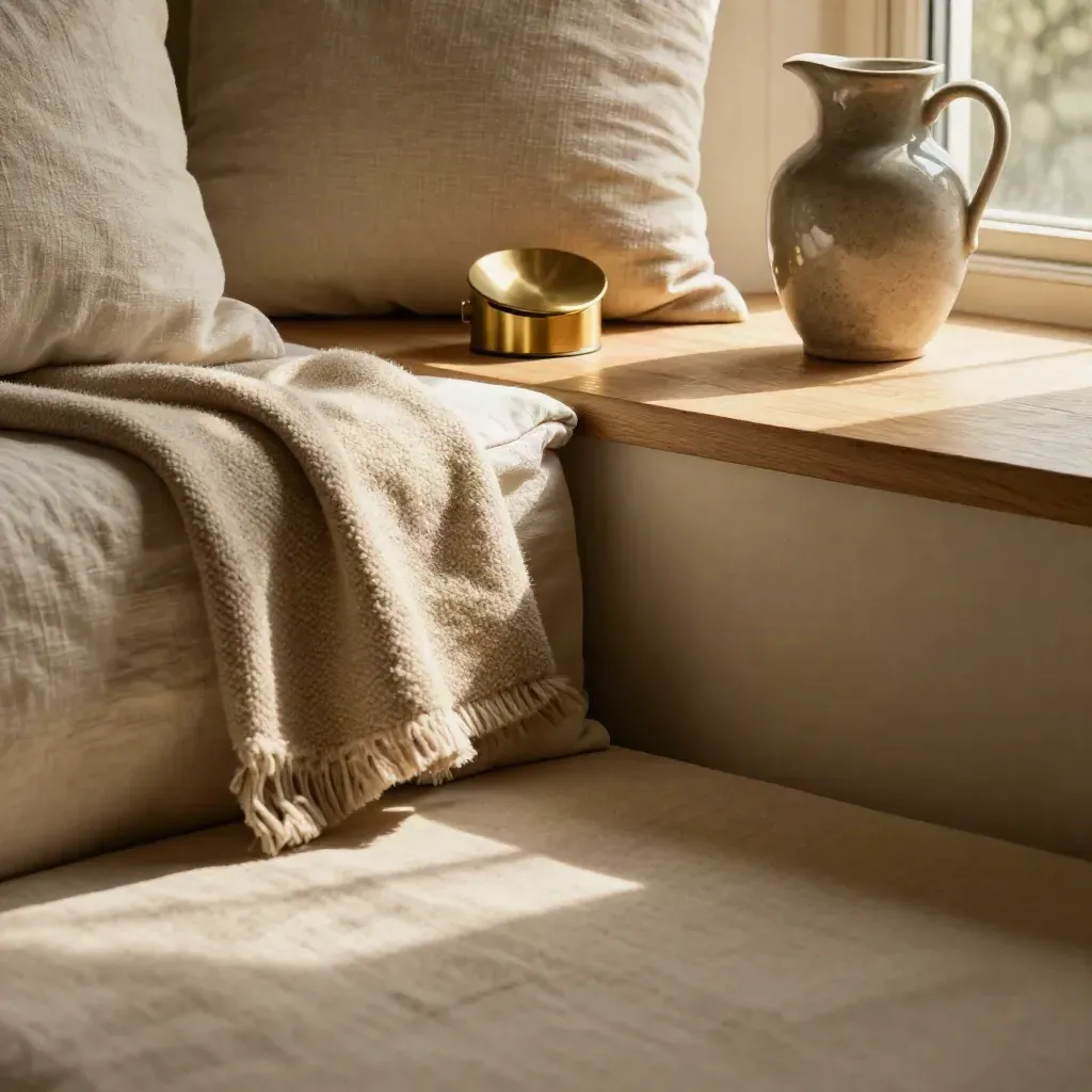 Linen bedding, brass and oak details in a sunlit Holmleigh Manor suite nook.