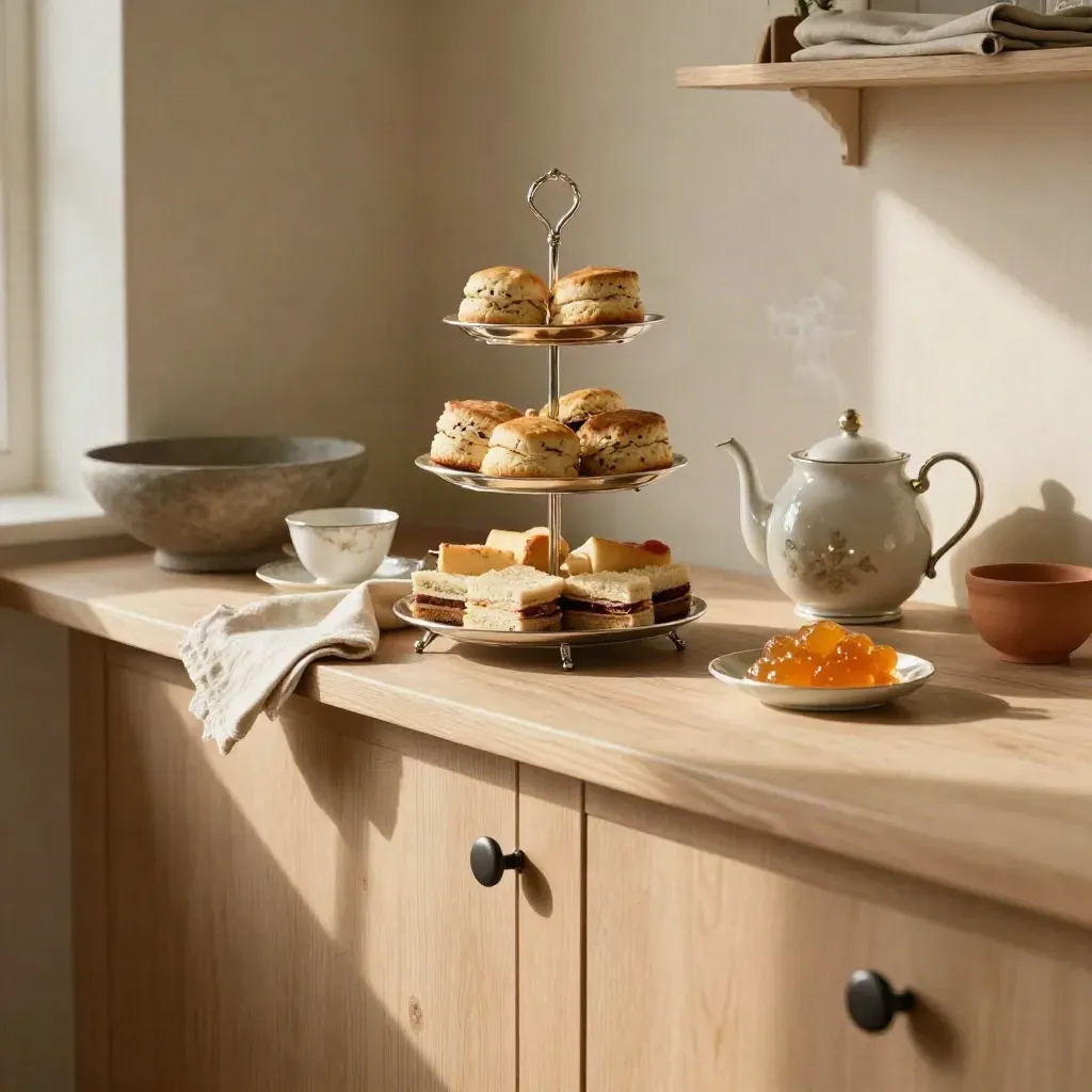 Silver afternoon tea stand with scones, teapot and china on a pale wooden counter.