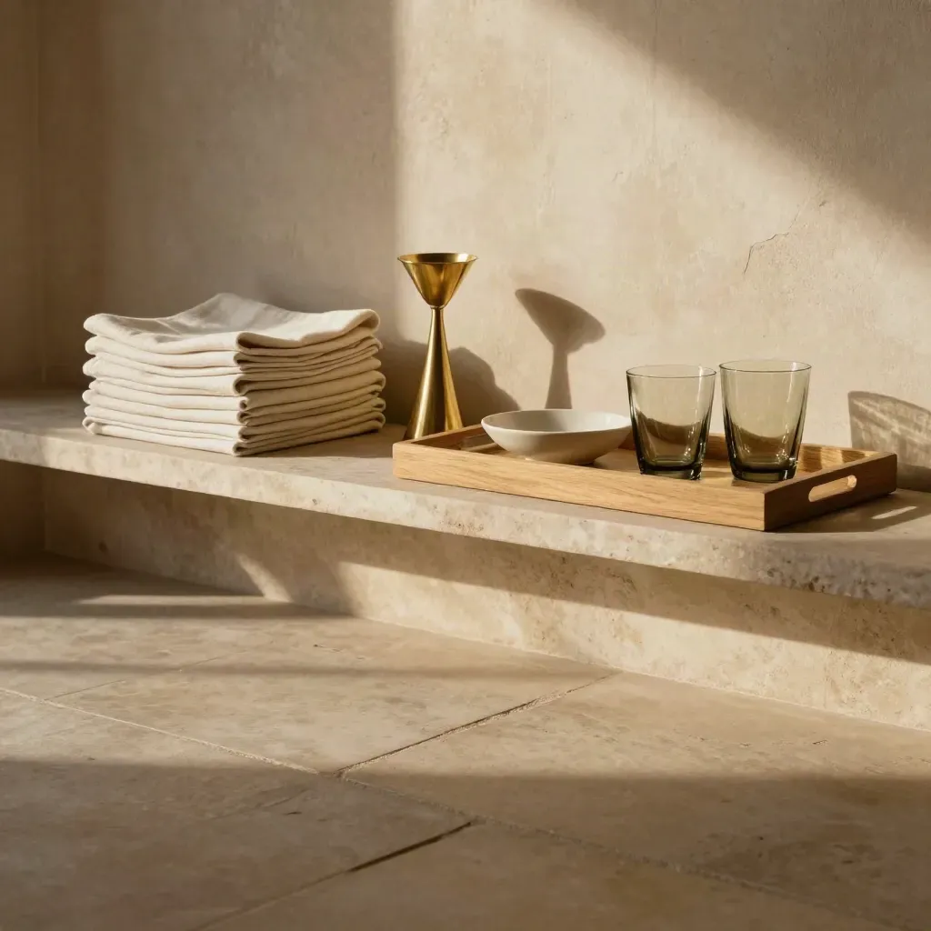 Manor event styling pieces on a pale stone ledge with warm brass and linen light