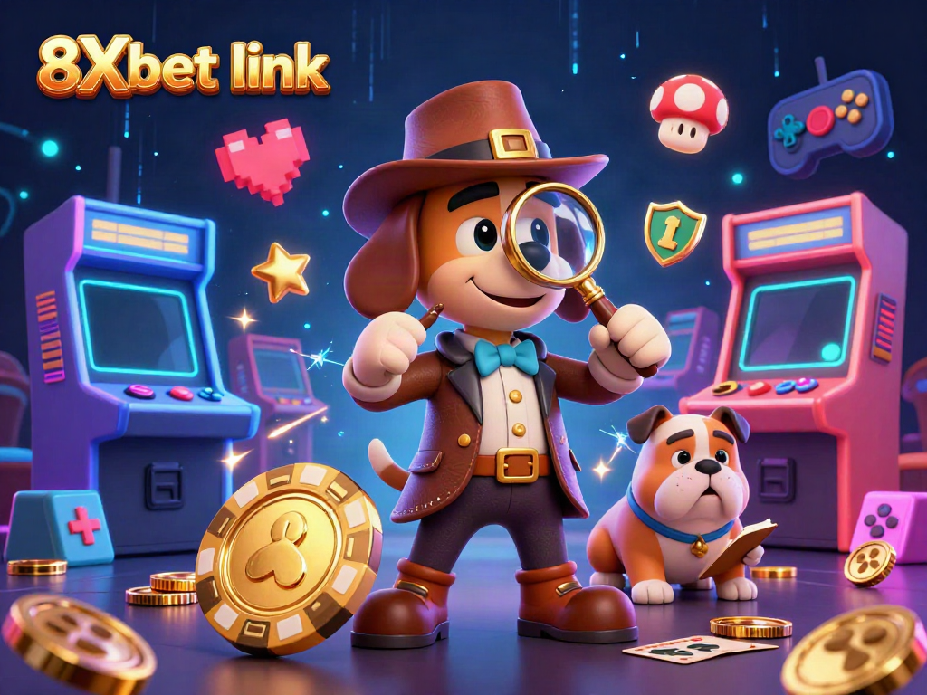 Investigate exciting gaming opportunities at 8Xbet link with a whimsical detective scene.