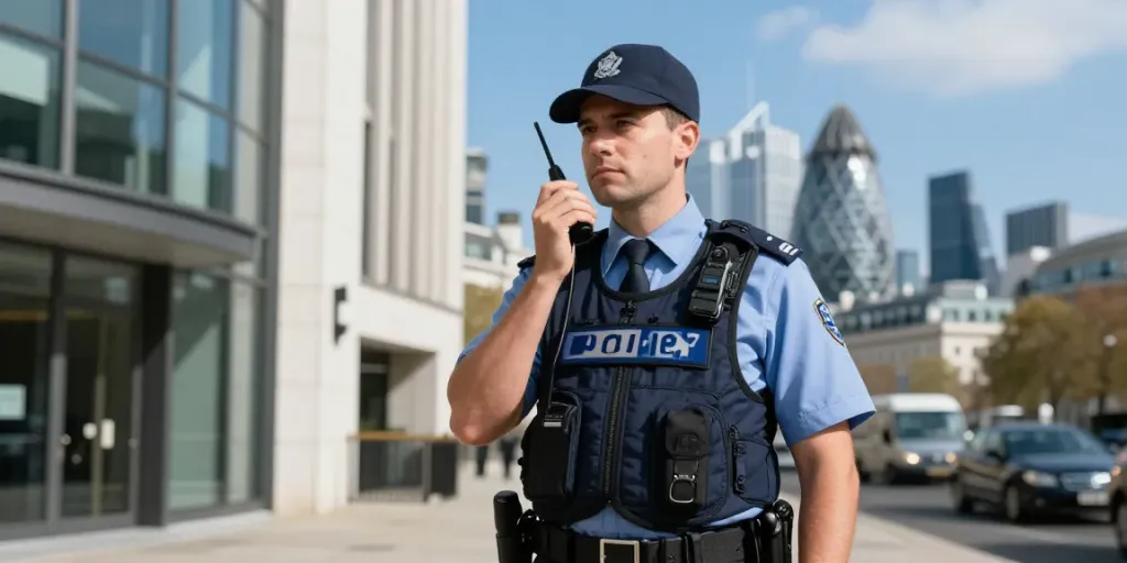 Trusted security solutions provider standing outside a corporate building in London, ensuring safety and peace of mind.