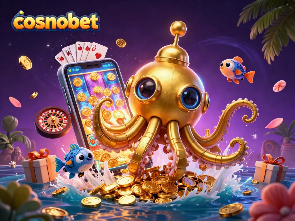 Engage with cosmobet's unique gaming experience featuring a kraken submarine exploring a treasure trove.