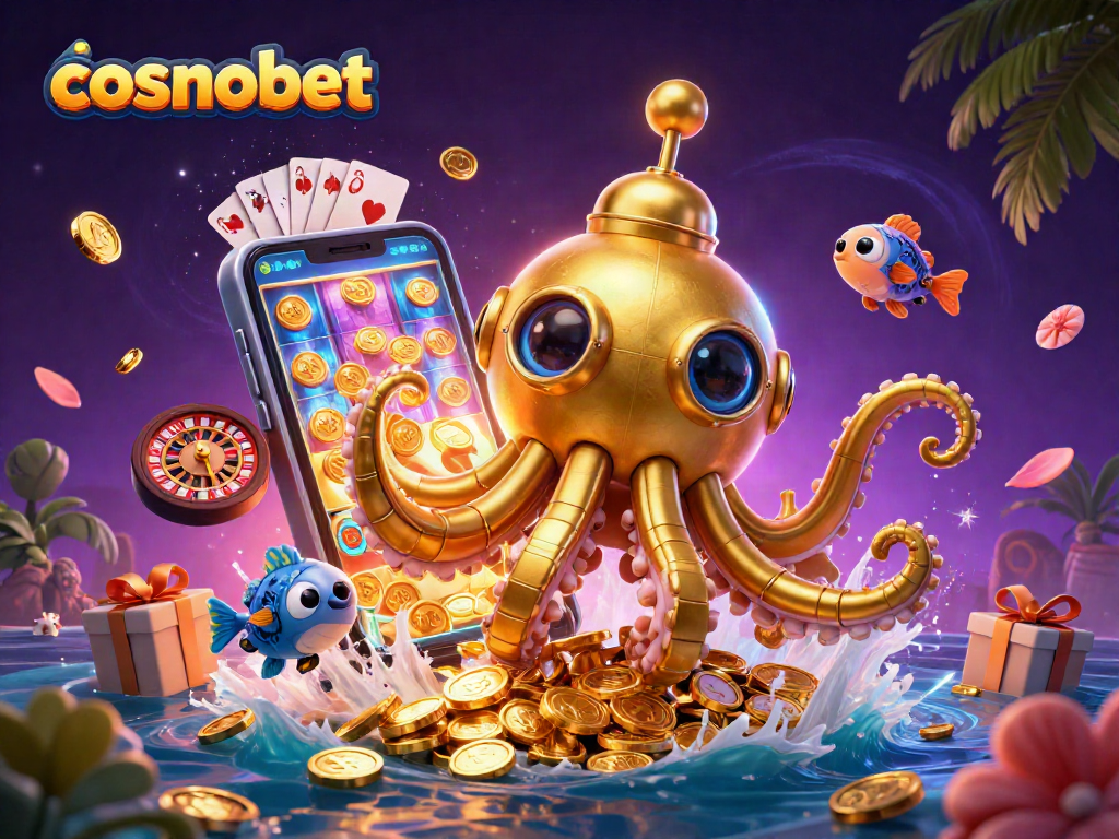 Engage with cosmobet's unique gaming experience featuring a kraken submarine exploring a treasure trove.