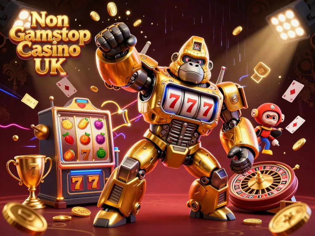 Engaging scene displaying Non Gamstop Casino UK theme with a golden gorilla mech and vibrant gambling elements.