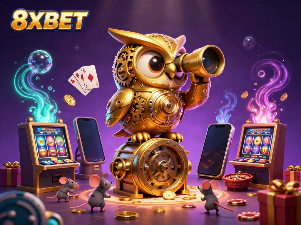 Engage with the thrilling world of 8XBET, featuring a charming owl surveying a vibrant casino scene.