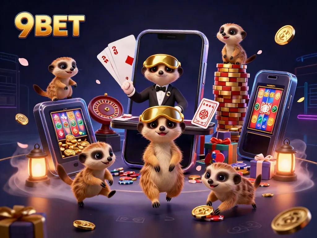 Engaging 3D scene showcasing 9BET's lively casino operations with meerkats and dynamic gaming elements.