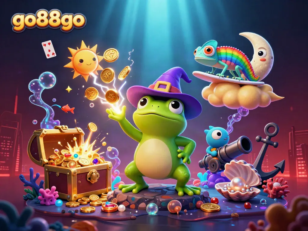 Win big at go88go with a vibrant scene showcasing a wizard frog and chameleon amid gold coins and casino elements.