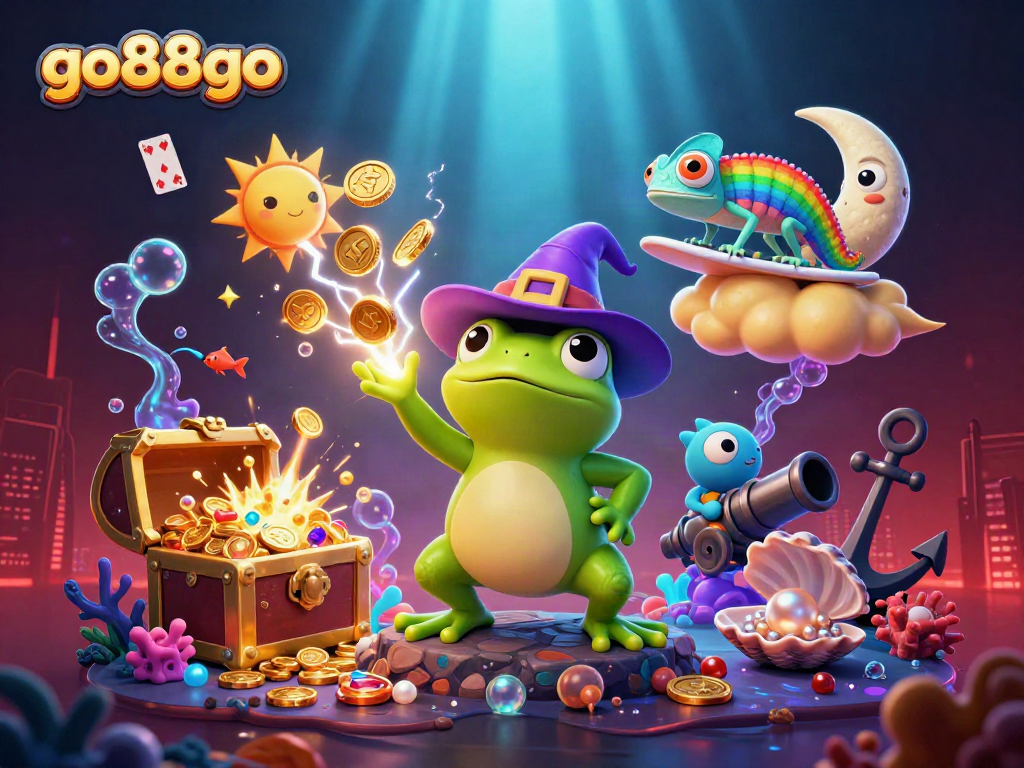 Win big at go88go with a vibrant scene showcasing a wizard frog and chameleon amid gold coins and casino elements.