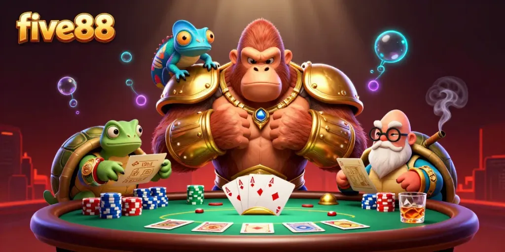 Experience the excitement of five88 with a dynamic casino scene featuring a powerful gorilla king, colorful poker chips, and vibrant elements.