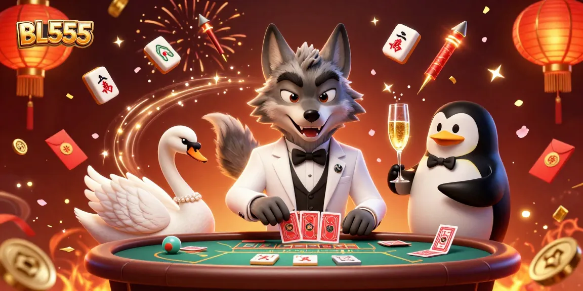 Experience the thrill of gambling with BL555 at a vibrant baccarat table featuring dynamic characters.