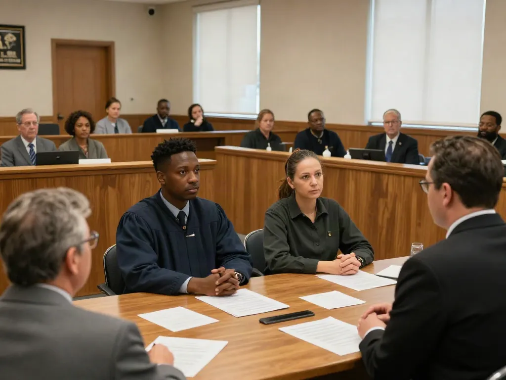 Cobb County DUI court scene showing a judge, attorney, and defendants in a solemn atmosphere of justice.