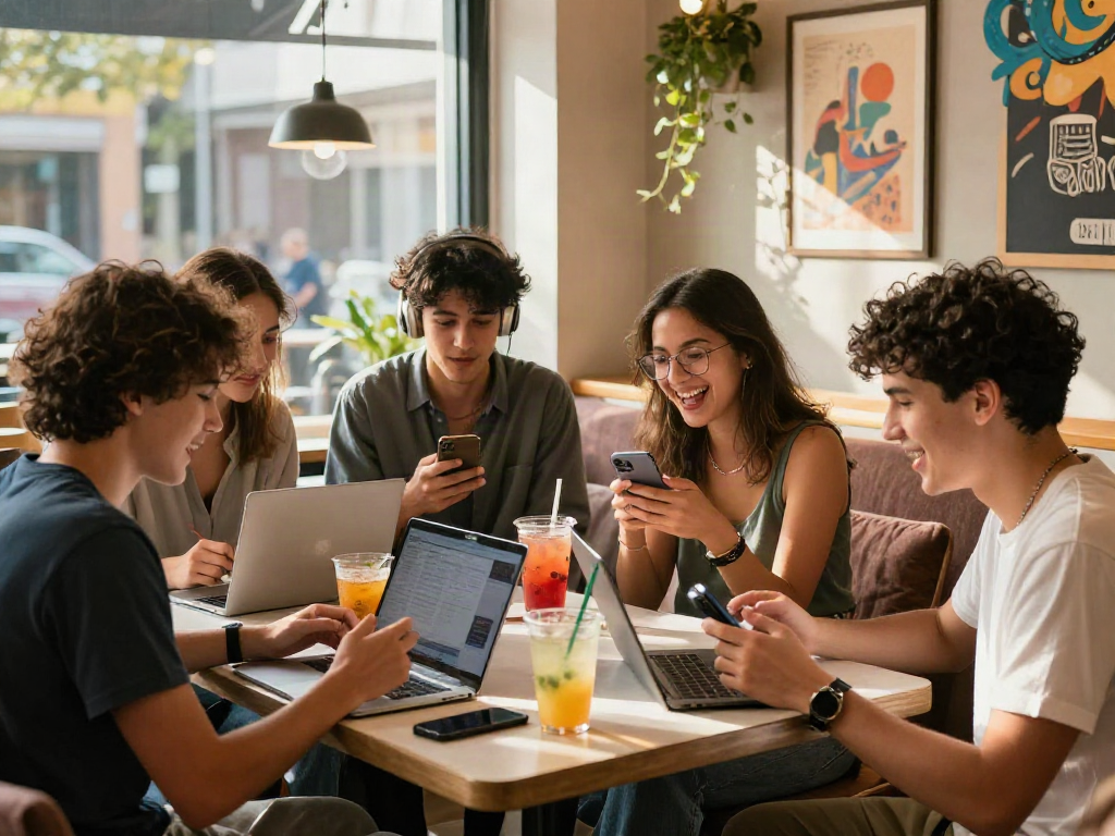 Engaging conversation about spicychat features in a vibrant café setting.