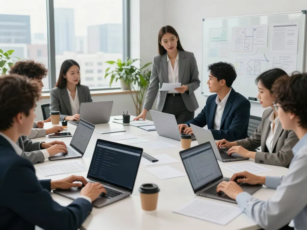 Team collaboration on directory management in modern office.