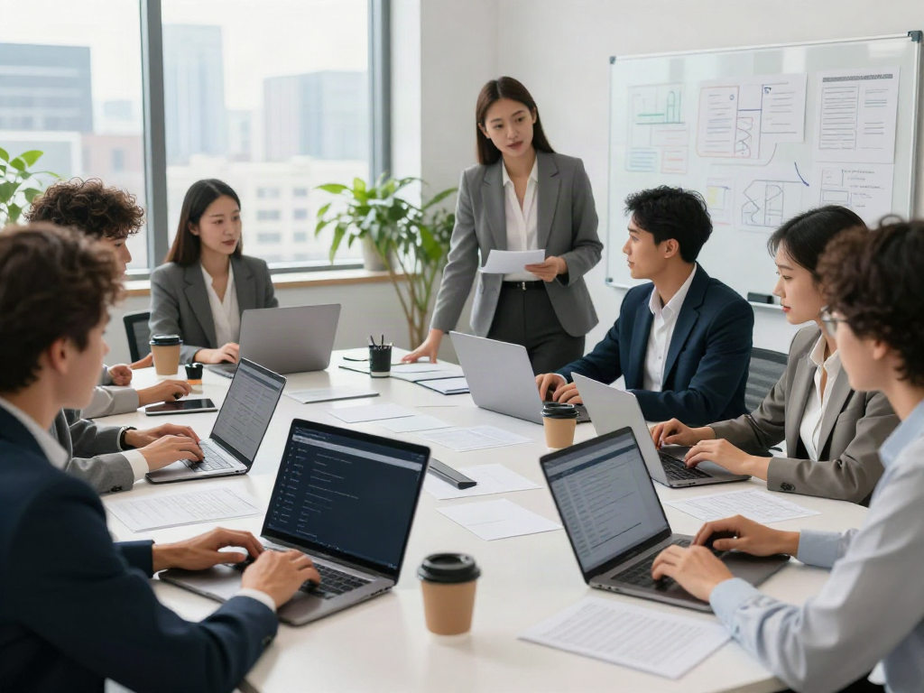 Team collaboration on directory management in modern office.