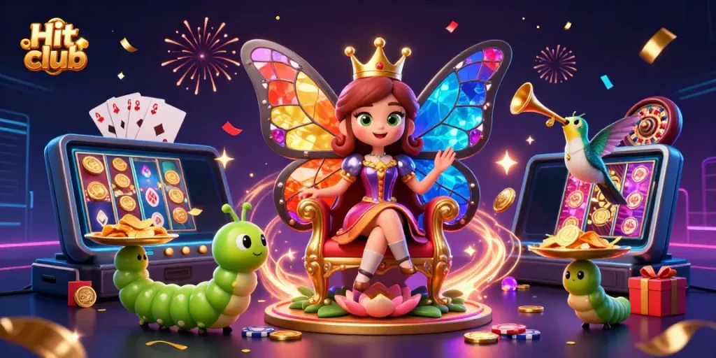 Experience the vibrant Hit club casino scene with a butterfly queen and dynamic gaming elements.