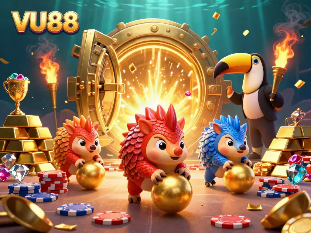 Experience thrilling gameplay at VU88 with pangolins competing amidst a cascade of chips and golden treasures.
