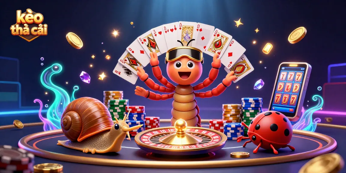 Engage with kèo nhà cái through an energetic casino scene featuring a whimsical millipede dealer and vibrant gaming elements.