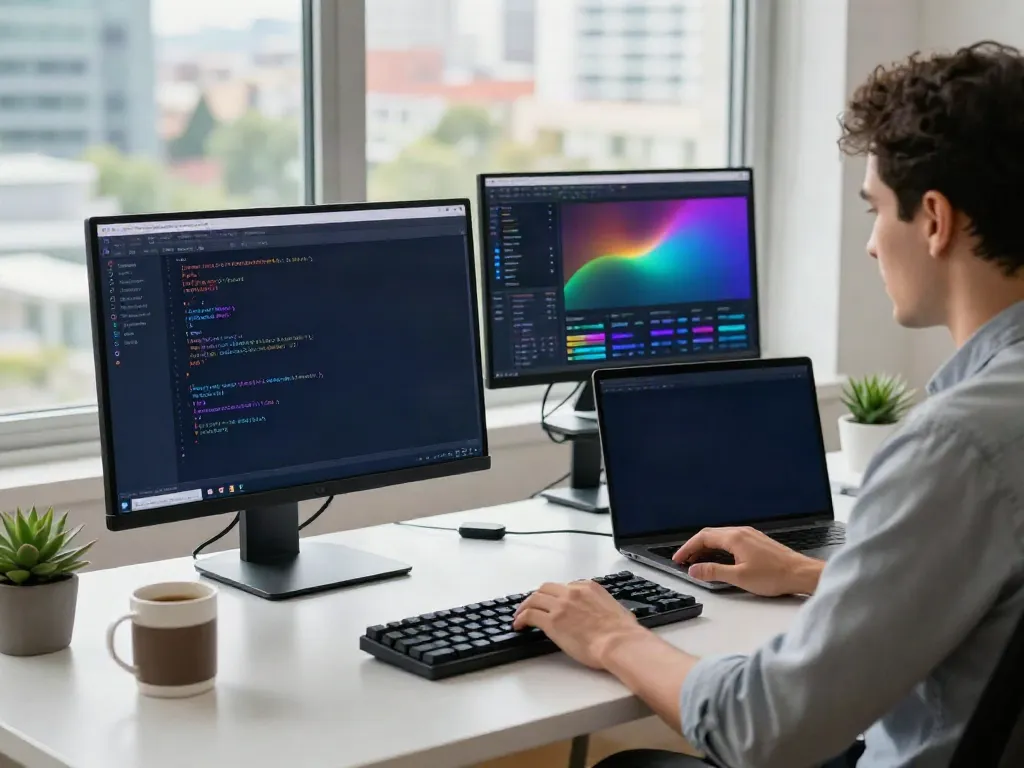 Engineer coding on instant indexing software in a modern workspace with vibrant city views.