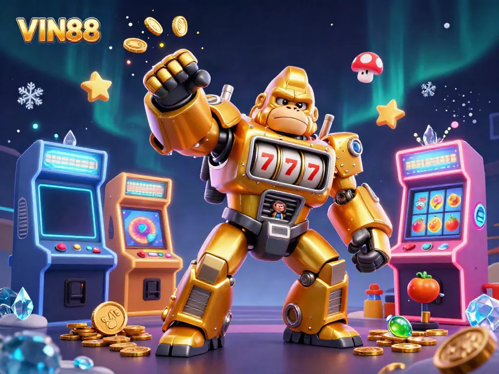 Experience thrilling action at VIN88 with a golden gorilla mech and colorful gaming elements bursting with excitement.