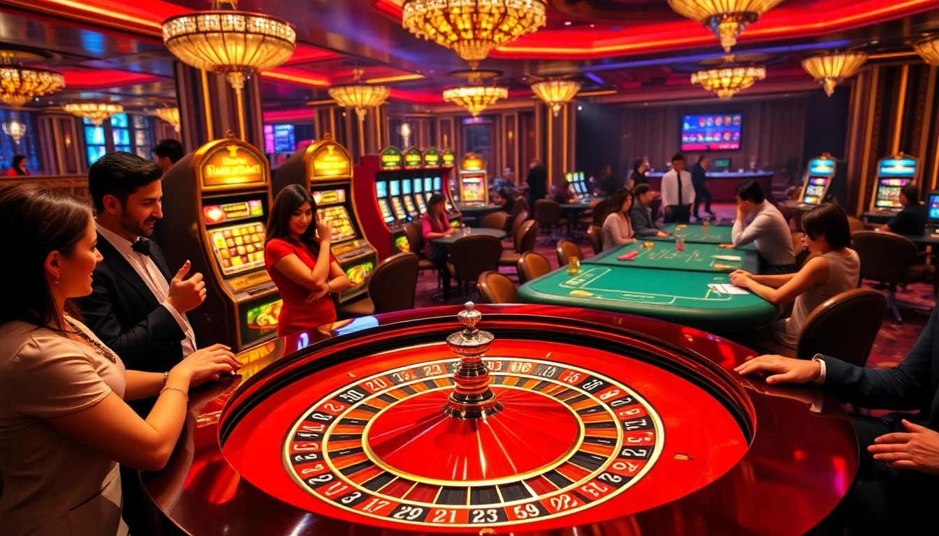 Hello88 casino scene showcasing a vibrant roulette table with excited players and colorful chips.