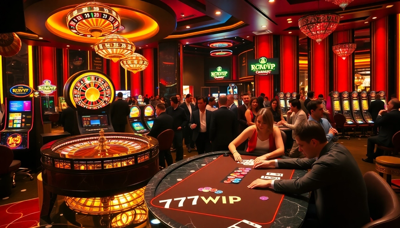 Experience the thrill of 777VIP at a luxurious casino with players enjoying roulette and poker.