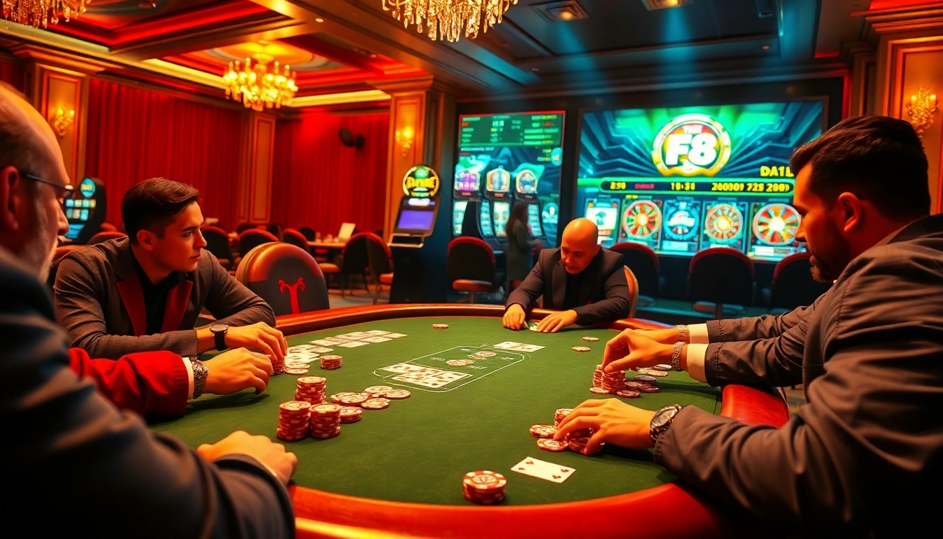 Players engaging in an intense F8 BET poker game at a lavish casino table.