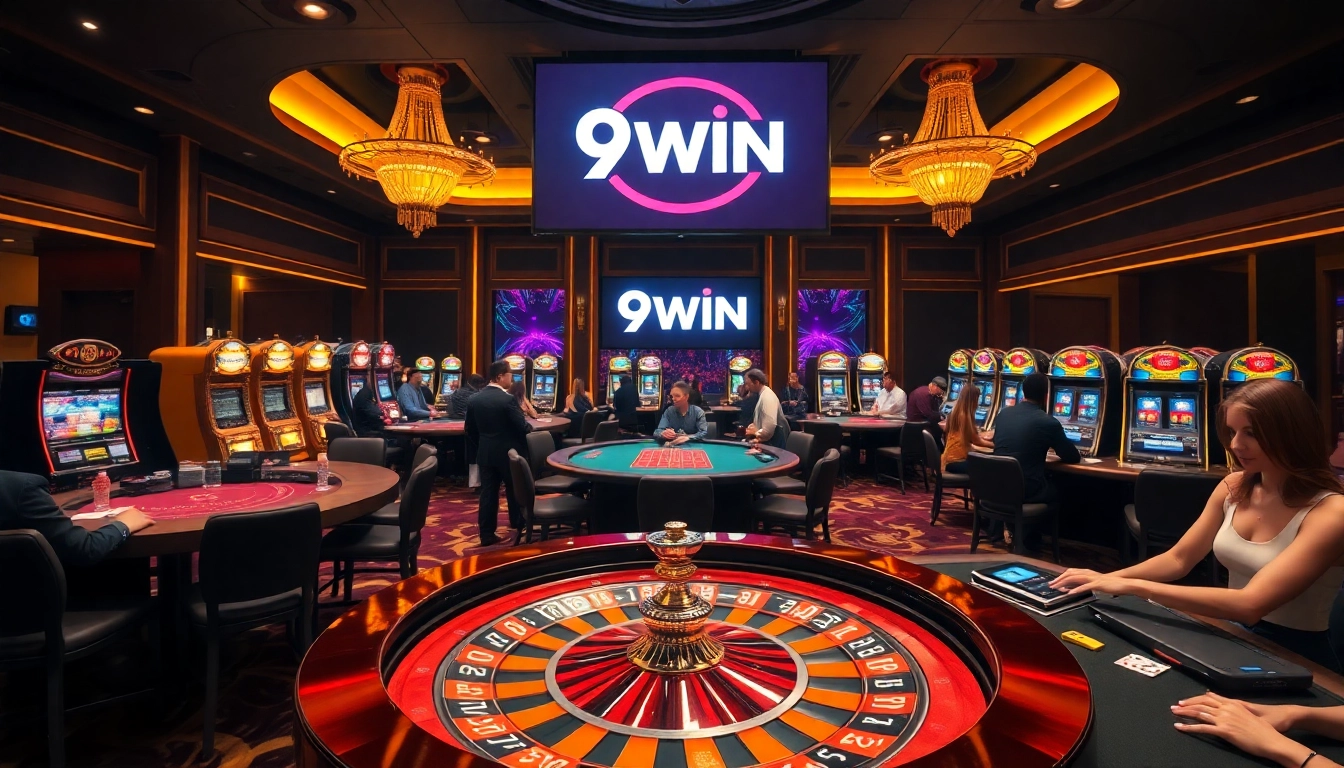 A thrilling casino scene with players betting at roulette and poker tables featuring the 9WIN logo prominently displayed.