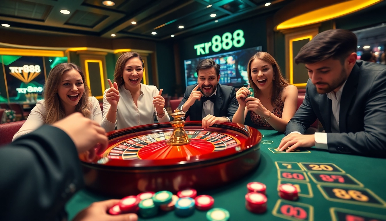 Players engage in thrilling roulette and poker at rr88, showcasing excitement in a luxurious casino.