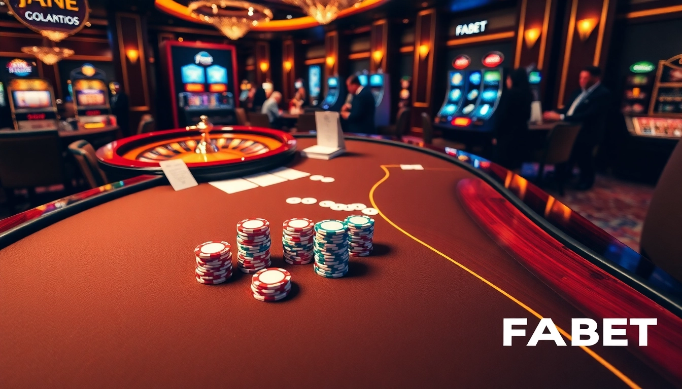 FABET casino scene showcasing an elegant blackjack table with vibrant chips and roulette wheel.