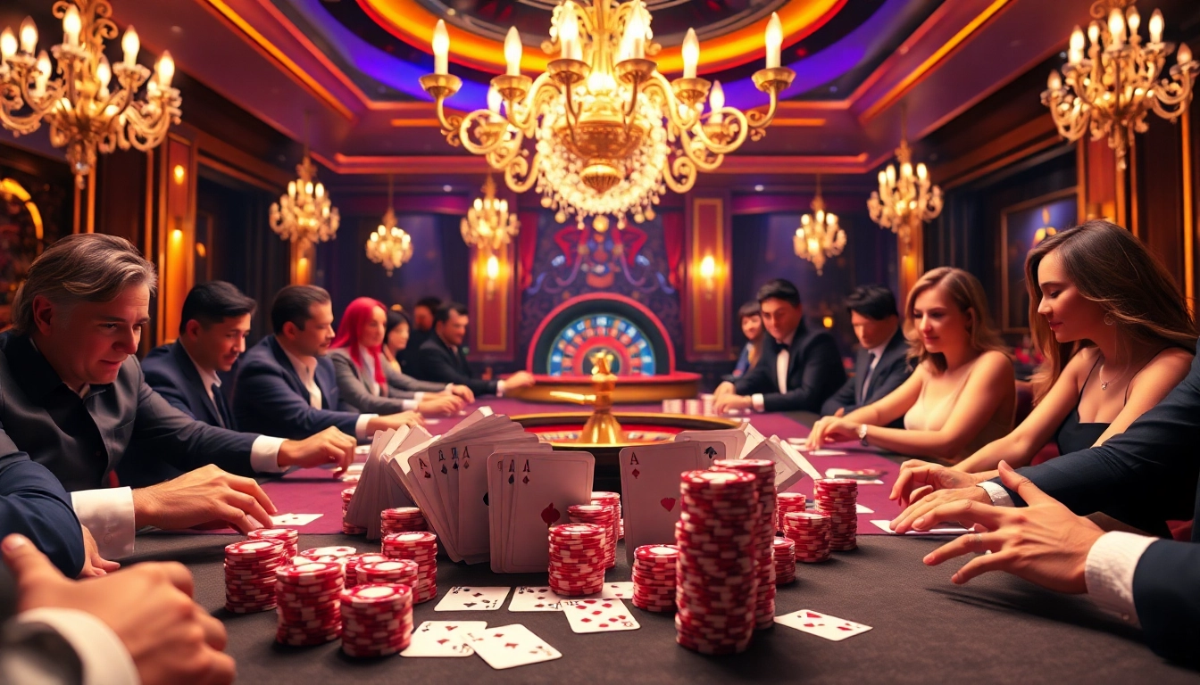 Exciting players engaging in a red88 game at a luxurious casino poker table.
