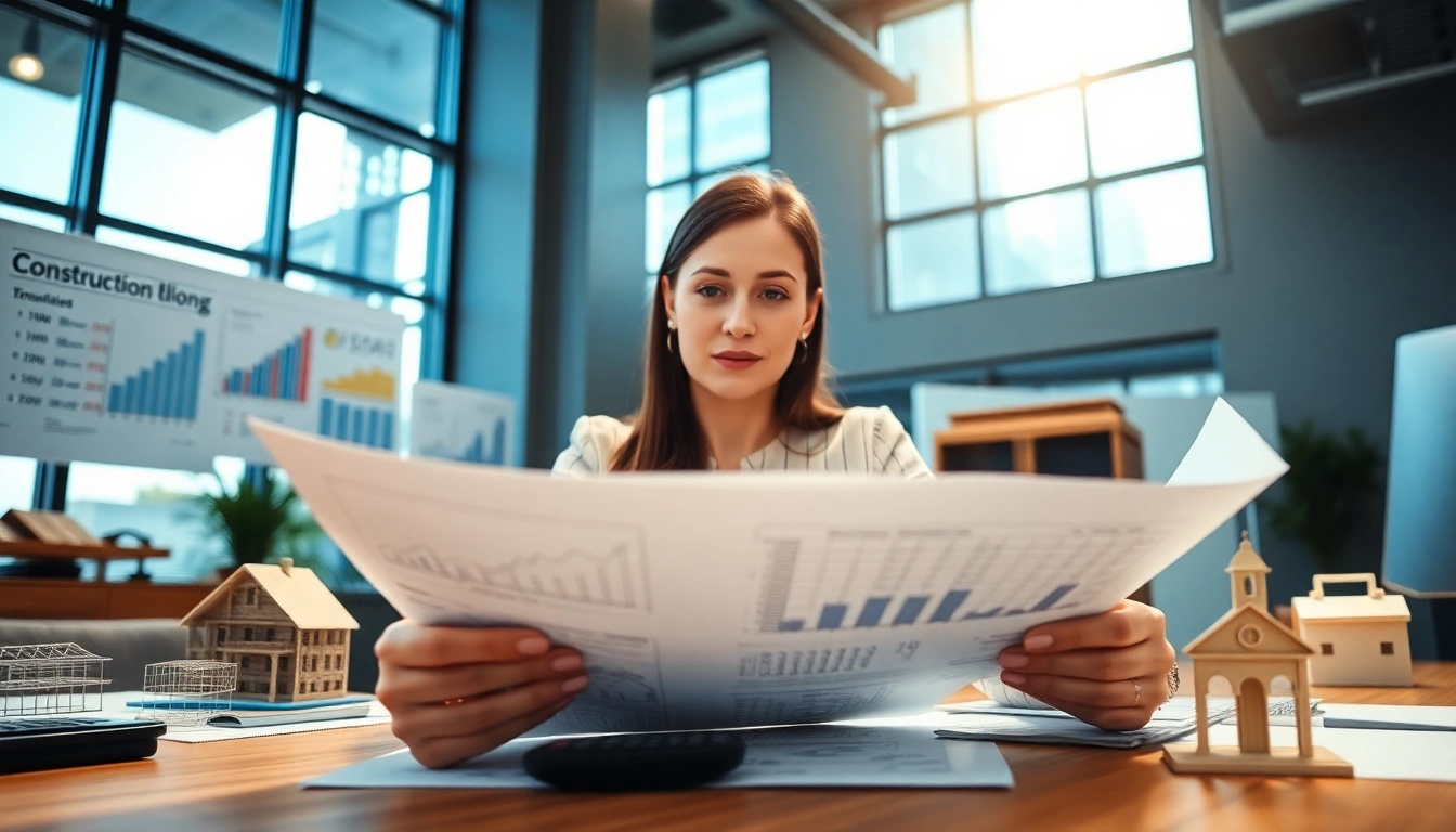 Księgowość dla firmy budowlanej w profesjonalnym biurze z księgowym przeglądającym dokumenty finansowe.