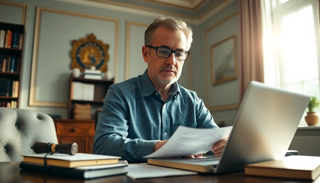 Sworn translator at work in a professional office environment, ensuring accurate legal document translations.