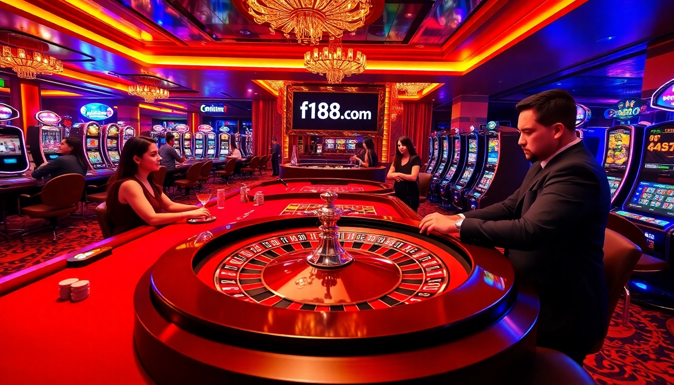 Thrilling casino action featuring f168.com, luxurious poker chips, and players at roulette tables.