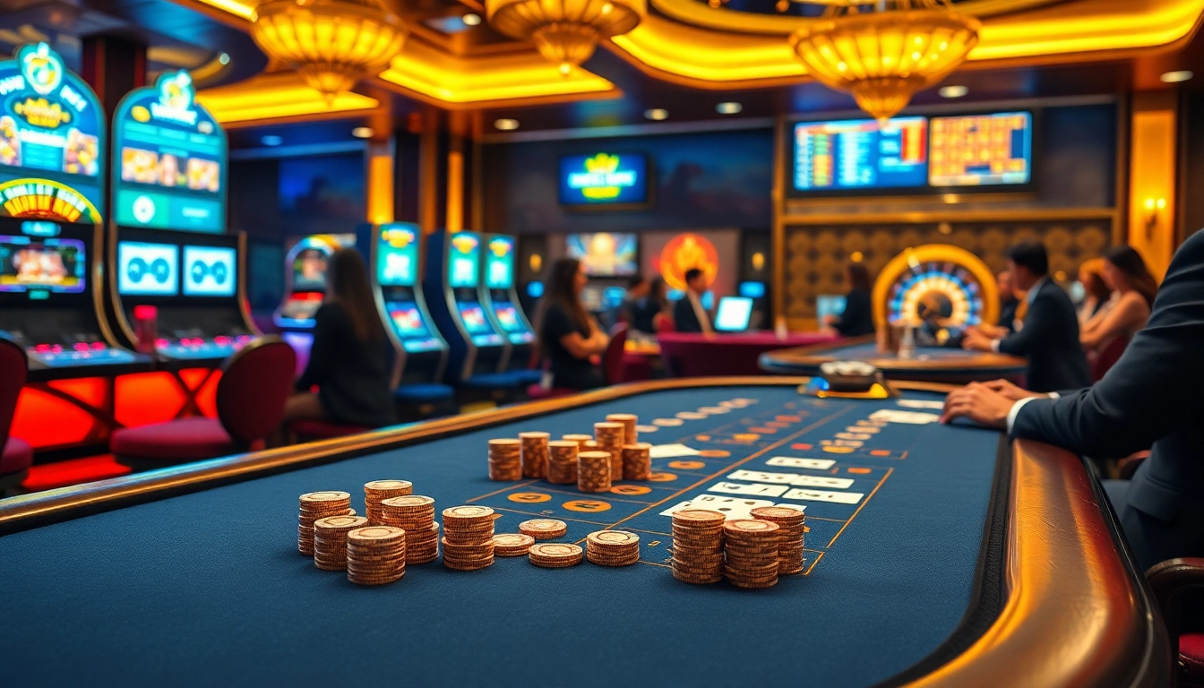 Experience thrilling gameplay at Nhà Cái BJ888 featuring vibrant casino tables and eager players.