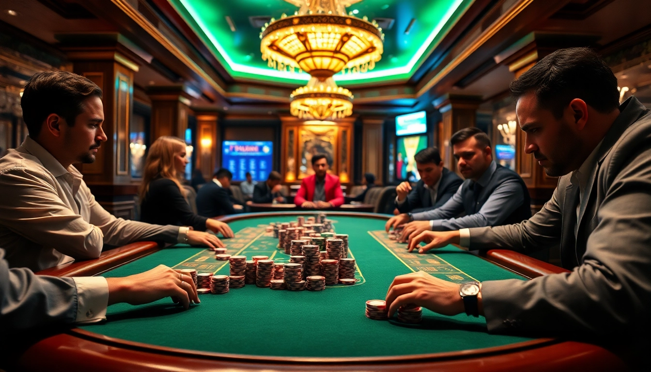 Exciting high-stakes poker game at f168info.com casino showcasing luxurious atmosphere and intense players.
