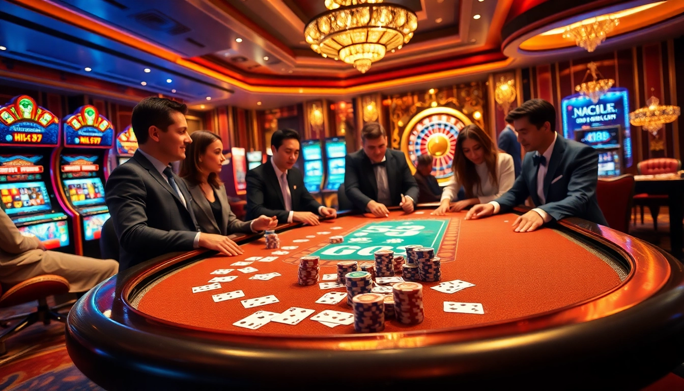 Experience thrilling gameplay at Hi88 com casino with elegant poker players and vibrant slot machines.