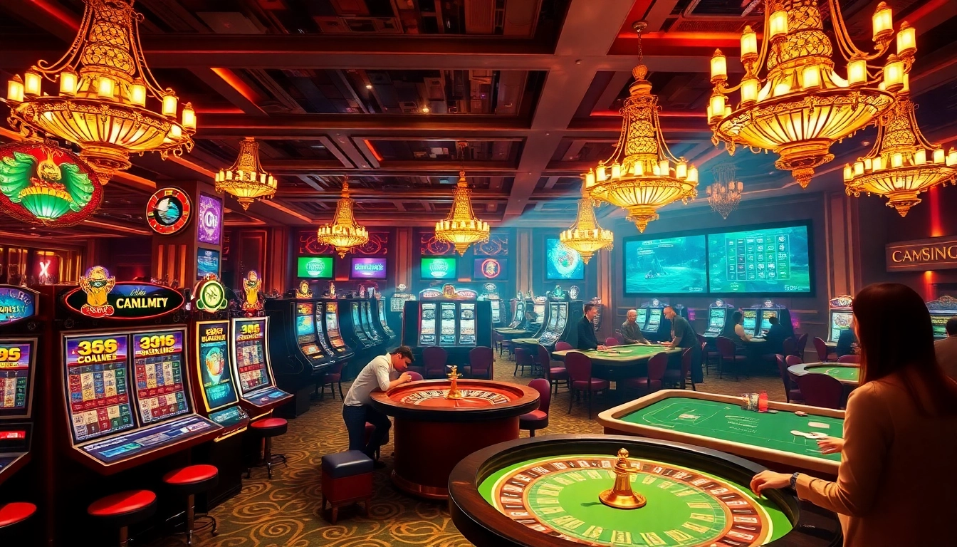 Players enjoying the game GG88 at a vibrant casino with slot machines and poker tables.