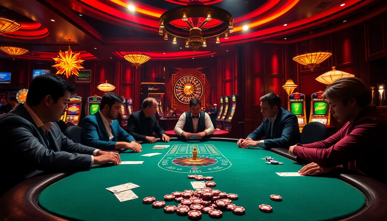 Players strategizing at a poker table in the Lc88 casino, surrounded by vibrant slot machines and roulette excitement.