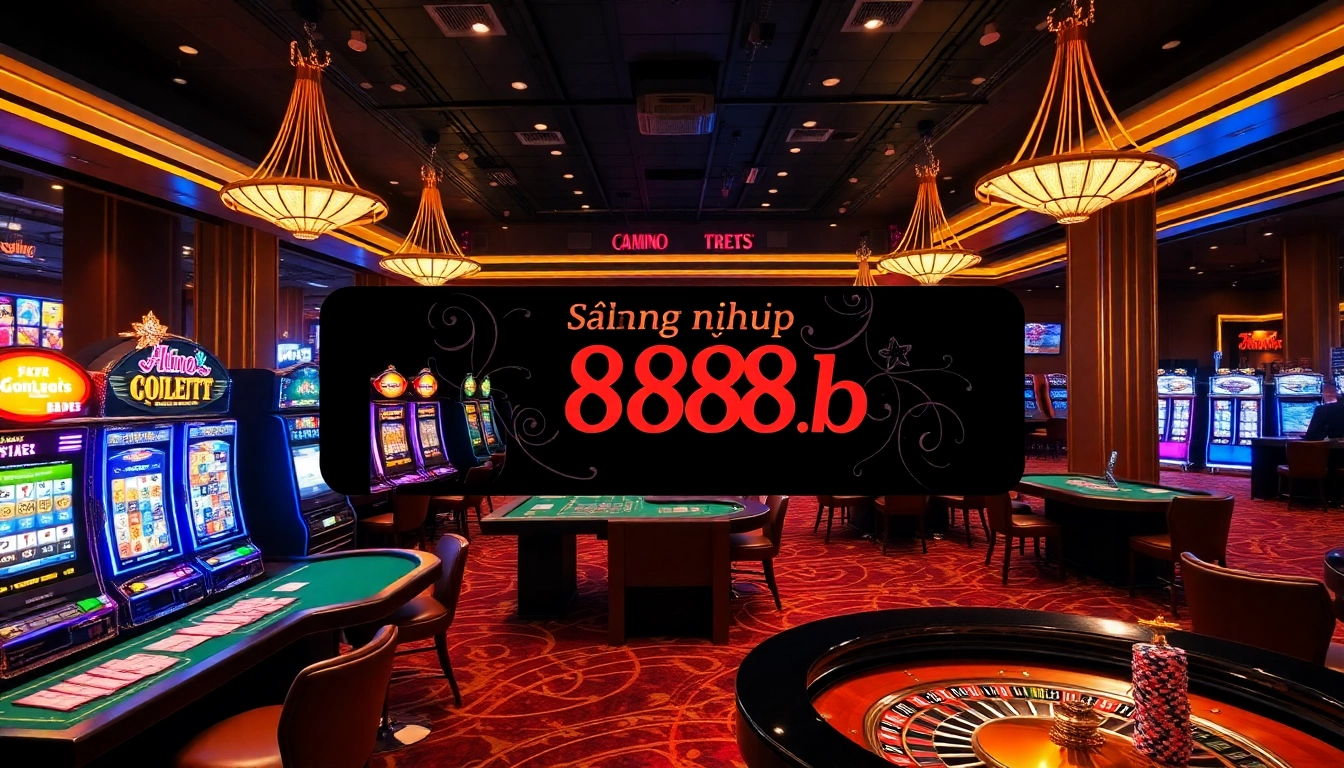 Experience the thrill of đăng nhập 888b at a luxury casino filled with vibrant slot machines and poker tables.