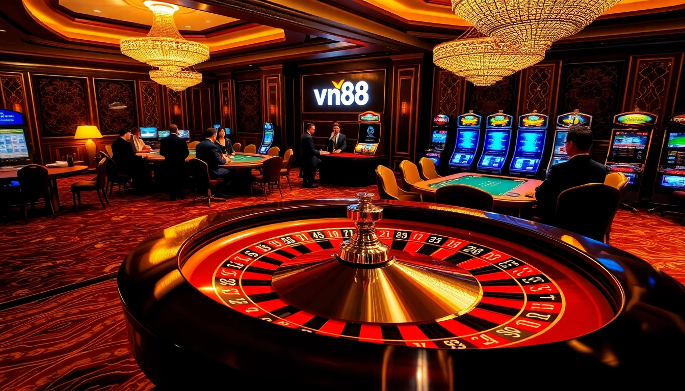 Experience the excitement of vn88 in a luxurious casino setting with vibrant gaming elements.