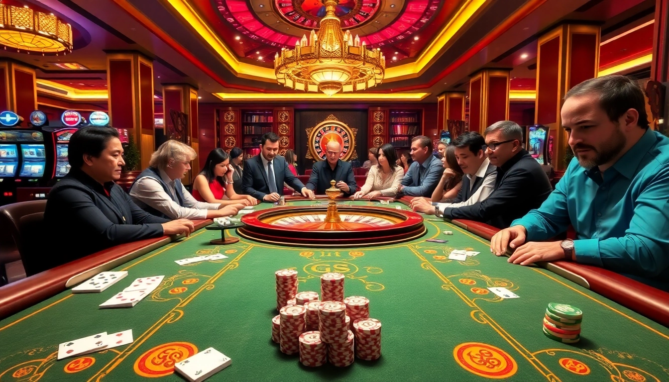 GG 88 gaming table surrounded by excited players in a luxurious casino setting.