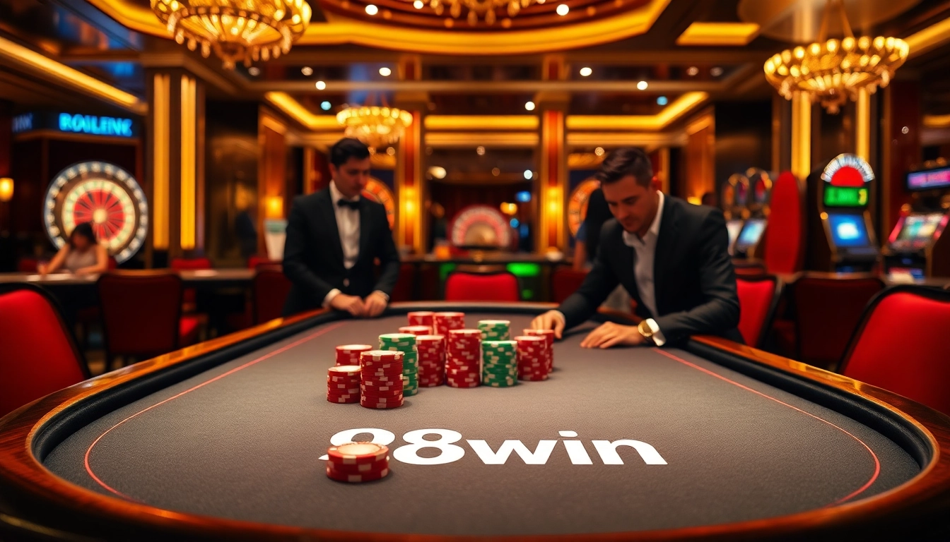 Engage in high-stakes poker at 98win, surrounded by luxurious casino decor.
