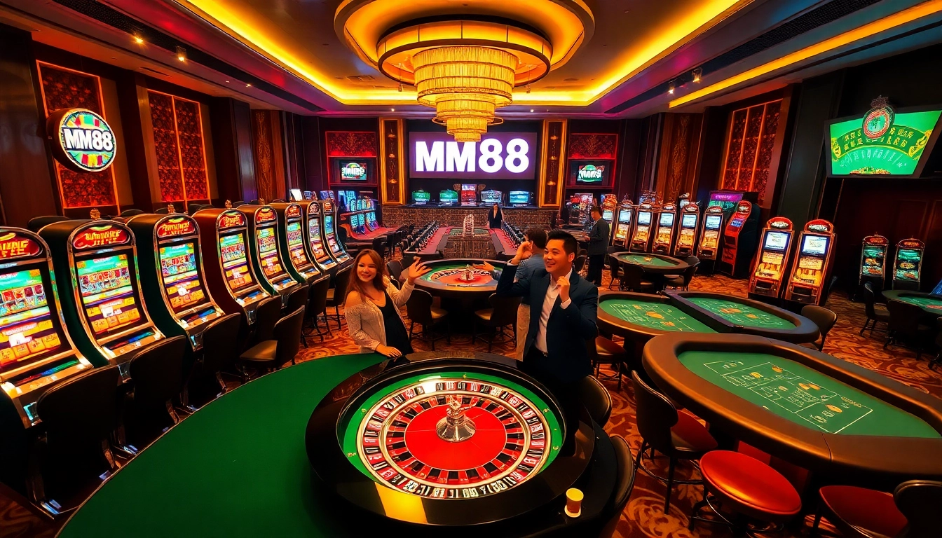 Excited players engaging at the MM88 casino tables, showcasing vibrant slot machines and a stylish roulette game.