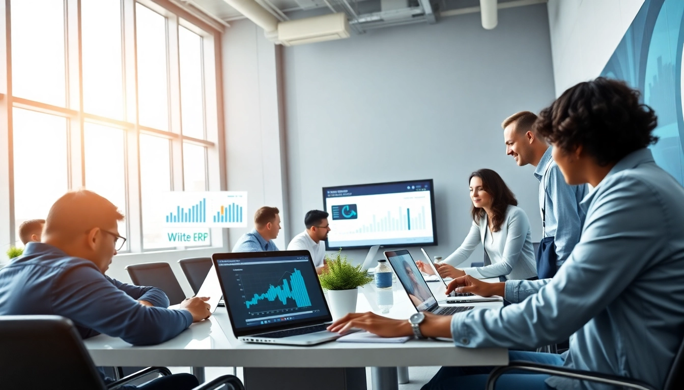 Logo Tiger Wings ERP system in a modern business office setting with professionals collaborating