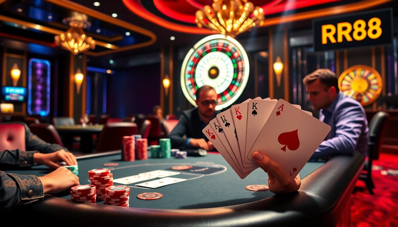 Exciting poker gameplay at RR88 casino, showcasing vibrant chips and a roulette wheel.