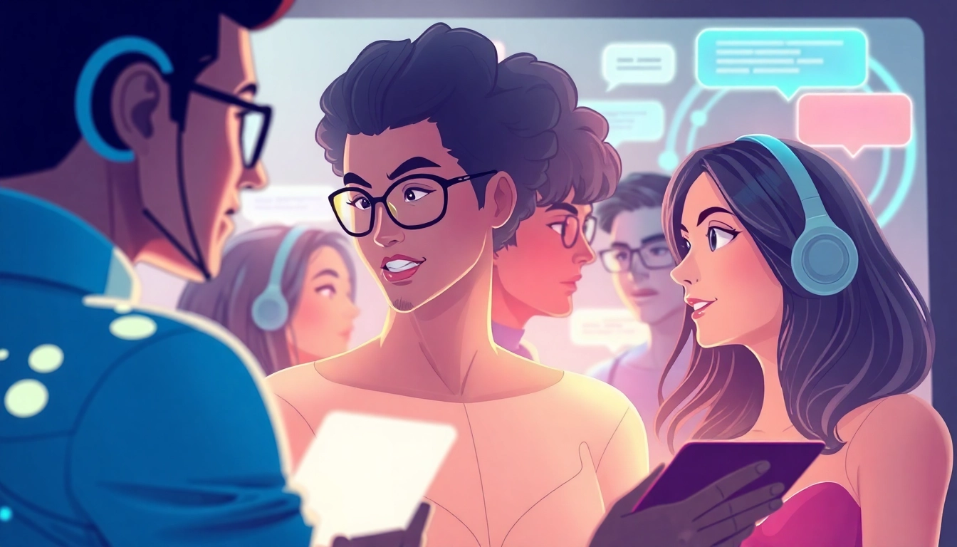 AI sexchat environment showcasing diverse digital characters engaging in conversations with a warm and inviting atmosphere.