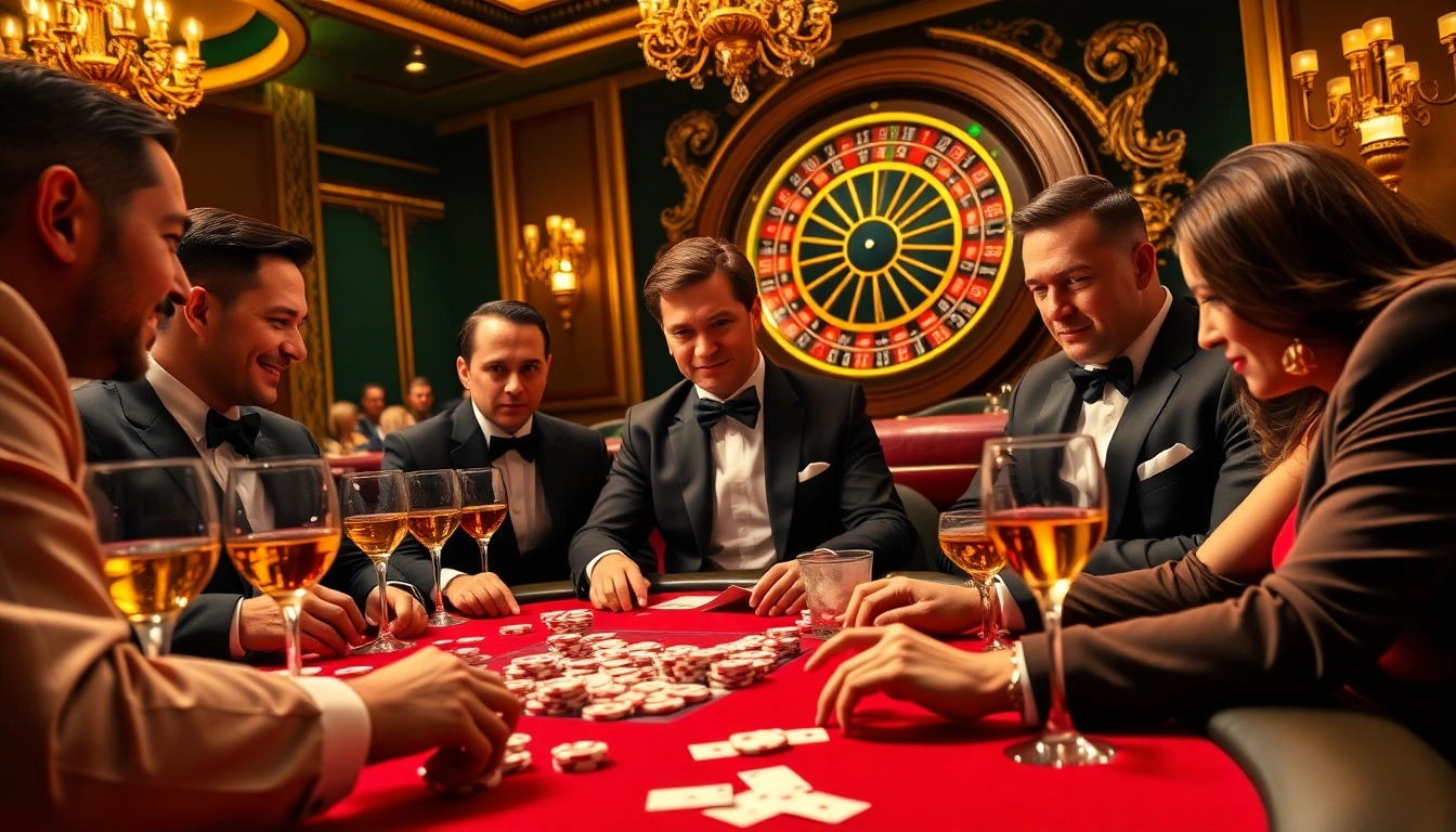 Players enjoying a high-stakes poker game at a luxurious casino, highlighting excitement at https://kjc.pizza/.