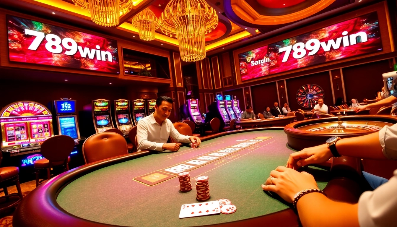 Engaged players enjoying poker at a luxurious casino setting with 789win branding.