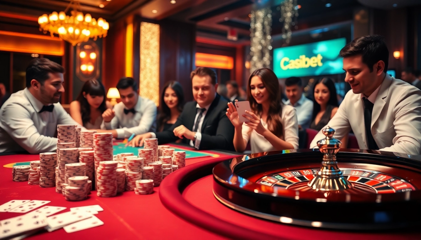 Experience the thrilling atmosphere of F8Bet with engaging players, vibrant poker chips, and a dynamic casino table.